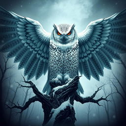 A colossal snow owl with a sinister and malevolent presence, its dark, piercing eyes glowing with an ominous light