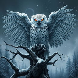 A colossal snow owl with a sinister and malevolent presence, its dark, piercing eyes glowing with an ominous light