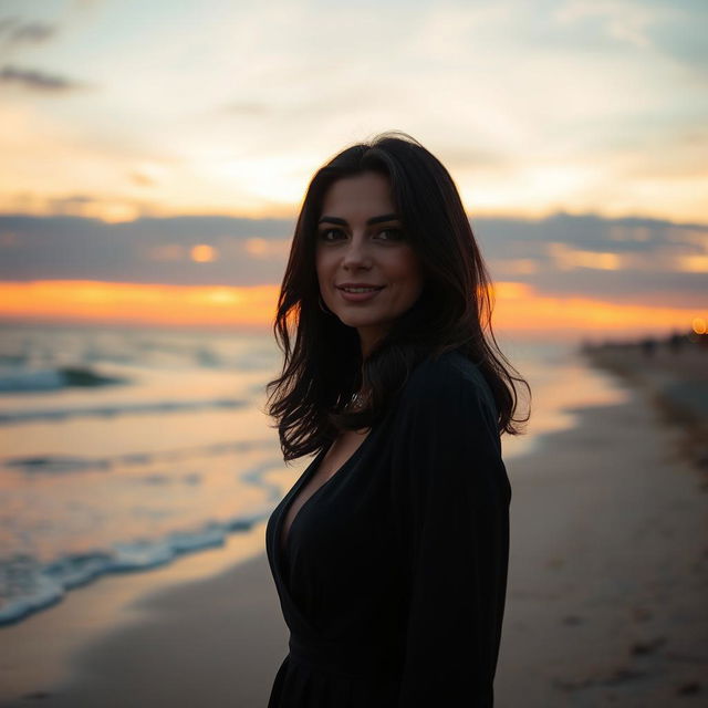 A highly realistic photograph captured on an iPhone 14 Pro with a 24mm lens, featuring an elegant 35-year-old Sephardic woman with dark hair, fully dressed, in an evening photo session against the backdrop of the beach at Metzitzim, Tel Aviv