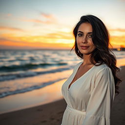 A highly realistic photograph captured on an iPhone 14 Pro with a 24mm lens, featuring an elegant 35-year-old Sephardic woman with dark hair, fully dressed, in an evening photo session against the backdrop of the beach at Metzitzim, Tel Aviv
