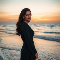 A highly realistic photograph captured on an iPhone 14 Pro with a 24mm lens, featuring an elegant 35-year-old Sephardic woman with dark hair, fully dressed, in an evening photo session against the backdrop of the beach at Metzitzim, Tel Aviv