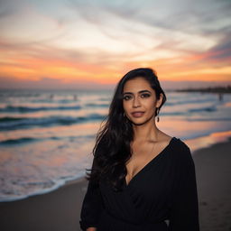A highly realistic photograph captured on an iPhone 14 Pro with a 24mm lens, featuring an elegant 35-year-old Sephardic woman with dark hair, fully dressed, in an evening photo session against the backdrop of the beach at Metzitzim, Tel Aviv