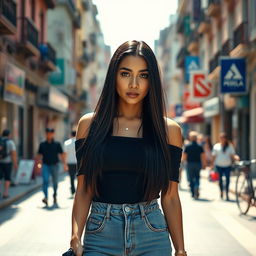 A photorealistic image of a modern Peruvian woman, approximately 22 years old, with long, straight black hair and striking brown eyes