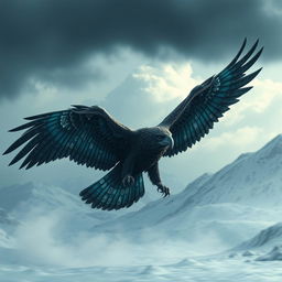 A massive, menacing eagle soaring through a snowy landscape, its powerful wings spread wide against the backdrop of a snow-covered terrain