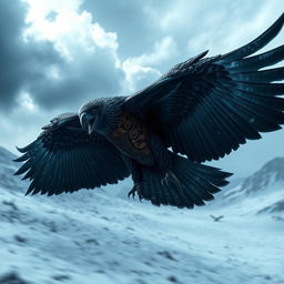 A massive, menacing eagle soaring through a snowy landscape, its powerful wings spread wide against the backdrop of a snow-covered terrain