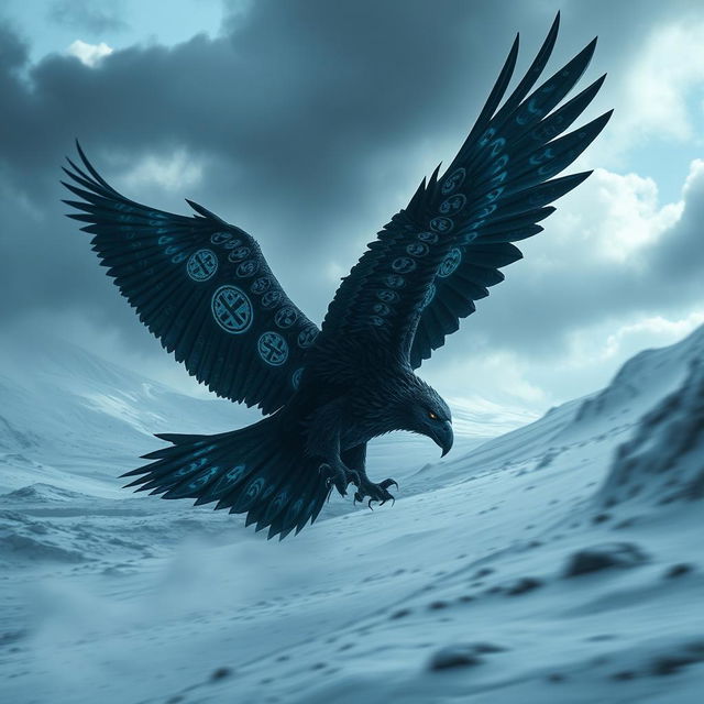 A massive, menacing eagle soaring through a snowy landscape, its powerful wings spread wide against the backdrop of a snow-covered terrain