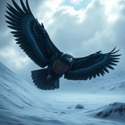 A massive, menacing eagle soaring through a snowy landscape, its powerful wings spread wide against the backdrop of a snow-covered terrain