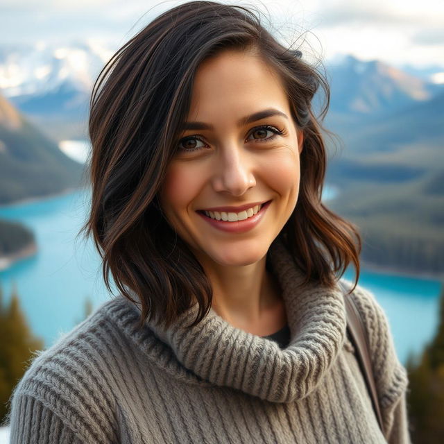 A 35-year-old woman from Canada with beautiful dark hair, reflecting a mix of cultural influences that showcases her unique Canadian identity