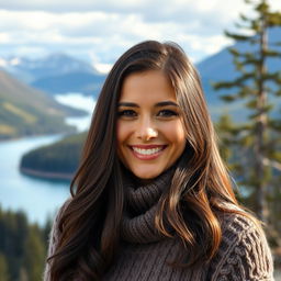 A 35-year-old woman from Canada with beautiful dark hair, reflecting a mix of cultural influences that showcases her unique Canadian identity