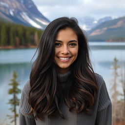 A 35-year-old woman from Canada with beautiful dark hair, reflecting a mix of cultural influences that showcases her unique Canadian identity