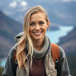 A 35-year-old woman from Canada with beautiful light blonde hair, embodying a friendly and approachable demeanor