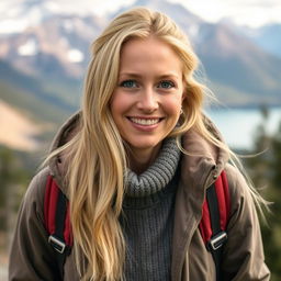 A 35-year-old woman from Canada with beautiful light blonde hair, embodying a friendly and approachable demeanor
