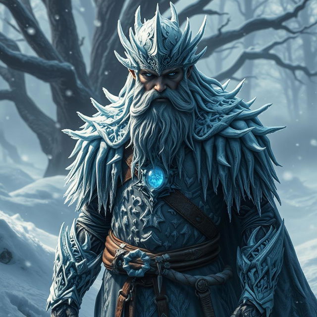 A menacing human druid clad in intricate icy armor that glistens like frost under the pale light