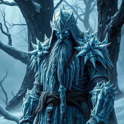 A menacing human druid clad in intricate icy armor that glistens like frost under the pale light