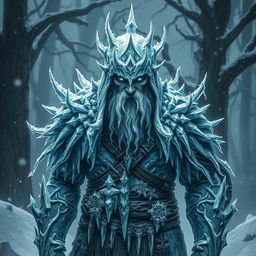 A menacing human druid clad in intricate icy armor that glistens like frost under the pale light