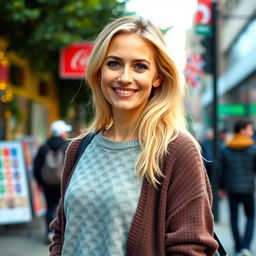 A 35-year-old woman from Canada with beautiful light blonde hair, exuding a friendly and approachable vibe