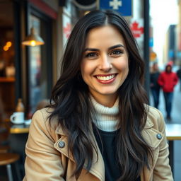 A 35-year-old woman from Canada with beautiful dark hair, showcasing her warm personality and charm