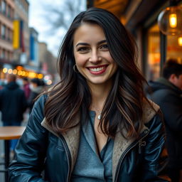 A 35-year-old woman from Canada with beautiful dark hair, showcasing her warm personality and charm
