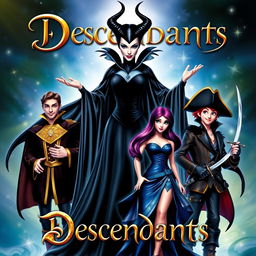 A vibrant, enchanting cover featuring Maleficent (Malévola) as a powerful and alluring figure in her iconic black gown, surrounded by the main characters from 'Descendants': Ben, a handsome prince in royal attire; Mal, with her striking purple and black hair, dressed in a stylish outfit that reflects her strong personality; Evie, in her fashionable blue dress, showcasing her beauty and charm; and Harry, with his edgy pirate look, holding a sword confidently
