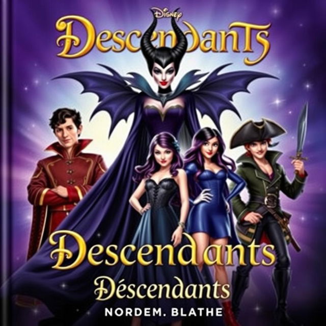 A vibrant, enchanting cover featuring Maleficent (Malévola) as a powerful and alluring figure in her iconic black gown, surrounded by the main characters from 'Descendants': Ben, a handsome prince in royal attire; Mal, with her striking purple and black hair, dressed in a stylish outfit that reflects her strong personality; Evie, in her fashionable blue dress, showcasing her beauty and charm; and Harry, with his edgy pirate look, holding a sword confidently