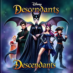 A vibrant, enchanting cover featuring Maleficent (Malévola) as a powerful and alluring figure in her iconic black gown, surrounded by the main characters from 'Descendants': Ben, a handsome prince in royal attire; Mal, with her striking purple and black hair, dressed in a stylish outfit that reflects her strong personality; Evie, in her fashionable blue dress, showcasing her beauty and charm; and Harry, with his edgy pirate look, holding a sword confidently
