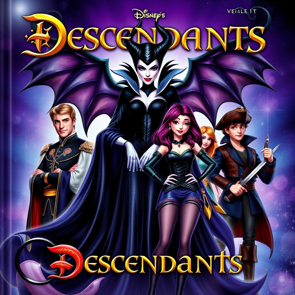 A vibrant, enchanting cover featuring Maleficent (Malévola) as a powerful and alluring figure in her iconic black gown, surrounded by the main characters from 'Descendants': Ben, a handsome prince in royal attire; Mal, with her striking purple and black hair, dressed in a stylish outfit that reflects her strong personality; Evie, in her fashionable blue dress, showcasing her beauty and charm; and Harry, with his edgy pirate look, holding a sword confidently