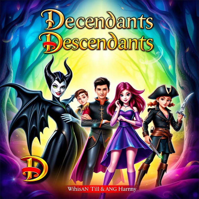 A colorful and dynamic cover design featuring the characters Maleficent, Ben, Mal, Evie, and Harry from the 'Descendants' franchise