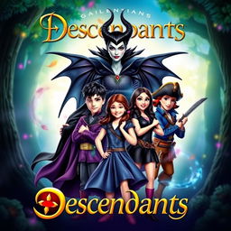 A colorful and dynamic cover design featuring the characters Maleficent, Ben, Mal, Evie, and Harry from the 'Descendants' franchise
