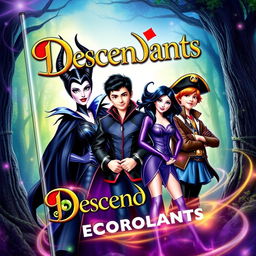 A colorful and dynamic cover design featuring the characters Maleficent, Ben, Mal, Evie, and Harry from the 'Descendants' franchise