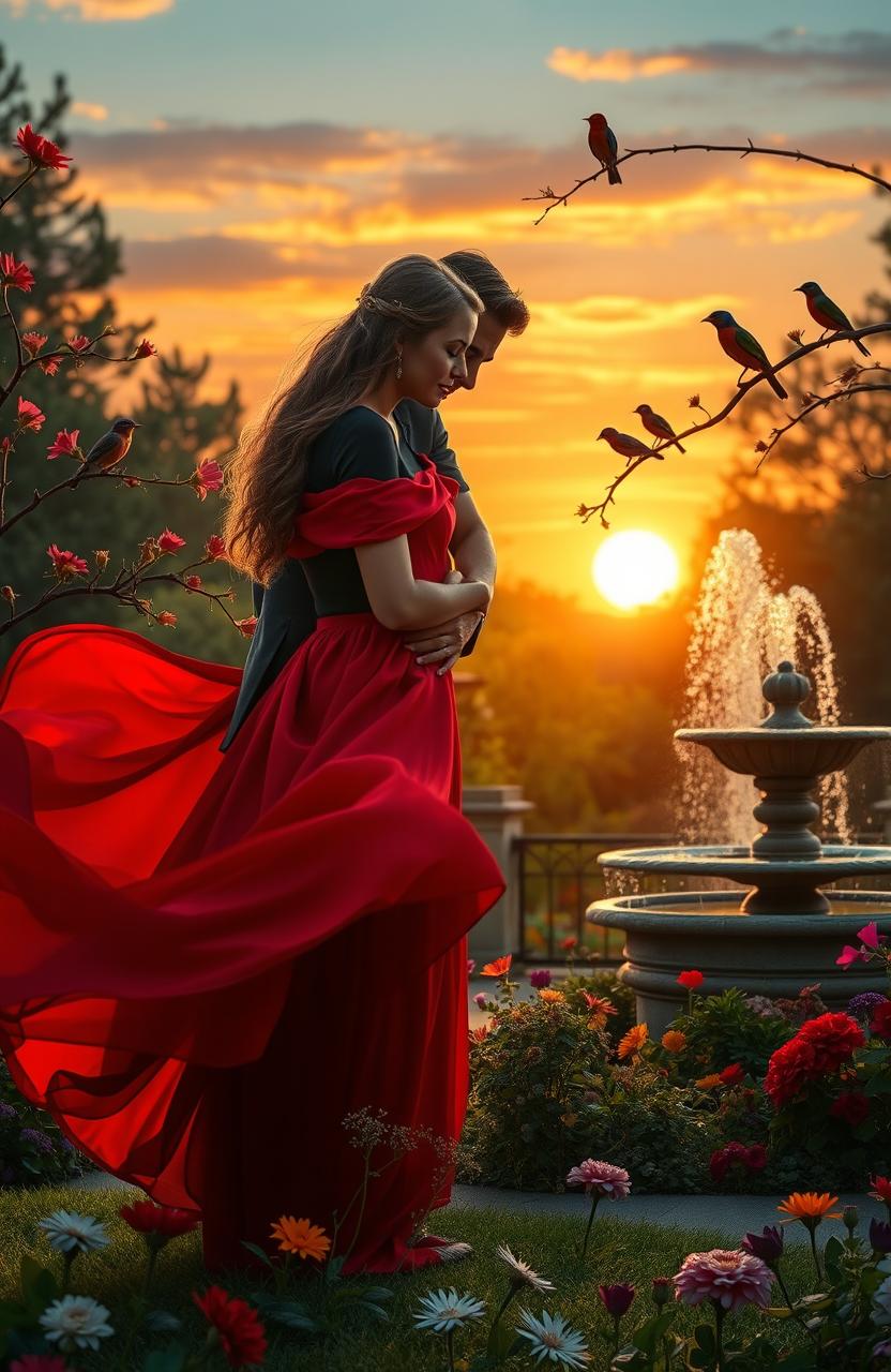 A romantic scene set in a lush garden at sunset, featuring a couple embracing passionately