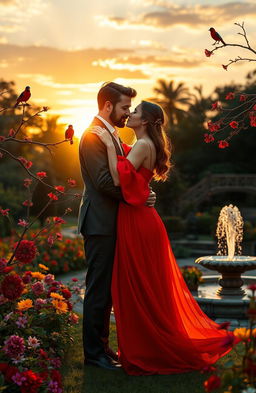 A romantic scene set in a lush garden at sunset, featuring a couple embracing passionately