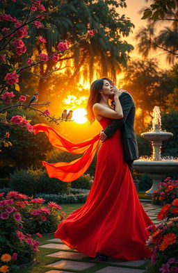 A romantic scene set in a lush garden at sunset, featuring a couple embracing passionately