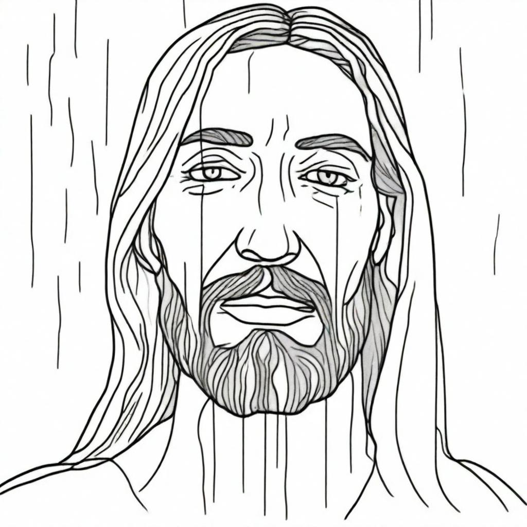 A profoundly emotional colouring book page illustrating Jesus with tears solemnly dripping down his face.