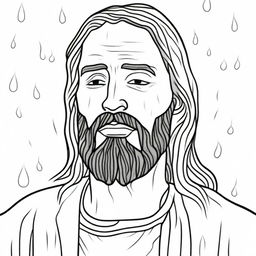 A profoundly emotional colouring book page illustrating Jesus with tears solemnly dripping down his face.