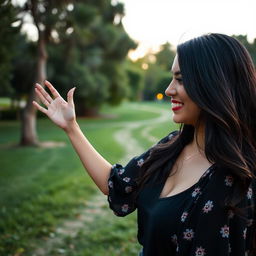 A highly realistic photograph captured on an iPhone 14 Pro with a 24mm lens, featuring a positive 35-year-old woman of Jewish-Sephardic descent with dark hair, fully dressed, engaged in an evening photo session in the Yarkon National Park in Tel Aviv