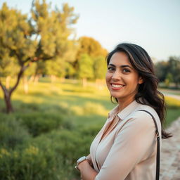 A highly realistic photograph captured on an iPhone 14 Pro with a 24mm lens, featuring a positive 35-year-old woman of Jewish-Sephardic descent with dark hair, fully dressed, engaged in an evening photo session in the Yarkon National Park in Tel Aviv