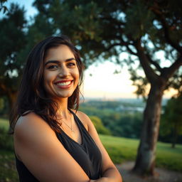 A highly realistic photograph captured on an iPhone 14 Pro with a 24mm lens, featuring a positive 35-year-old woman of Jewish-Sephardic descent with dark hair, fully dressed, engaged in an evening photo session in the Yarkon National Park in Tel Aviv