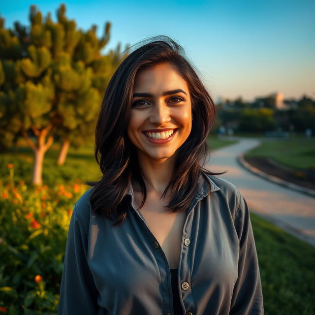 A highly realistic photograph captured on an iPhone 14 Pro with a 24mm lens, featuring a positive 35-year-old woman of Jewish-Sephardic descent with dark hair, fully dressed, engaged in an evening photo session in the Yarkon National Park in Tel Aviv