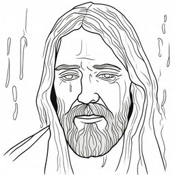 A profoundly emotional colouring book page illustrating Jesus with tears solemnly dripping down his face.