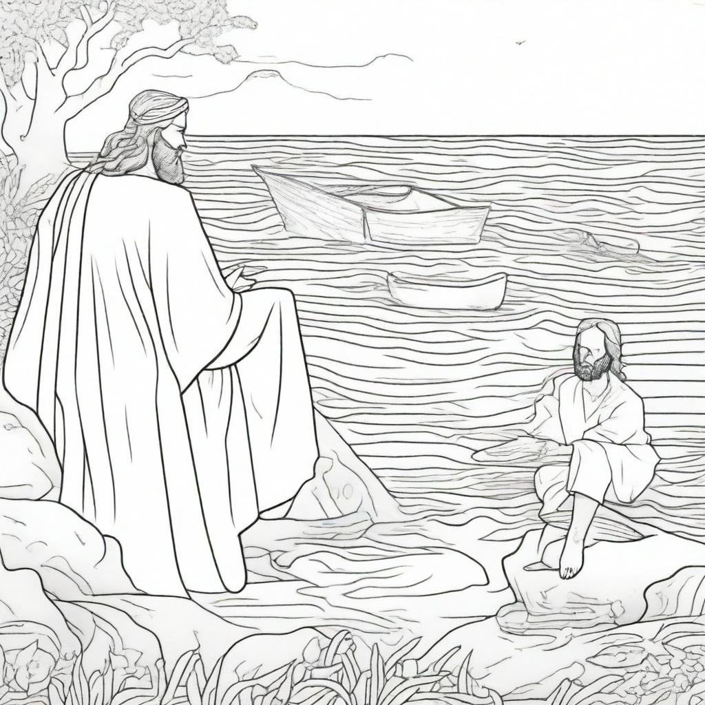 Colouring book page showing Jesus having a deep conversation with a fisherman by the sea, creating an opportunity for lots of detail and contrast