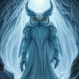 A giant goddess with an owl-like face and majestic horns, towering over her surroundings in a snowy cave