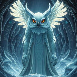 A giant goddess with an owl-like face and majestic horns, towering over her surroundings in a snowy cave