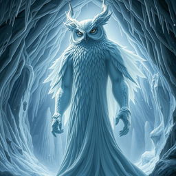 A giant goddess with an owl-like face and majestic horns, towering over her surroundings in a snowy cave
