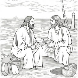 Colouring book page showing Jesus having a deep conversation with a fisherman by the sea, creating an opportunity for lots of detail and contrast