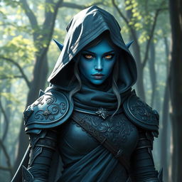A female blue-skinned elf dressed in heavy, intricately designed armor, complemented by a flowing robe that envelops her figure