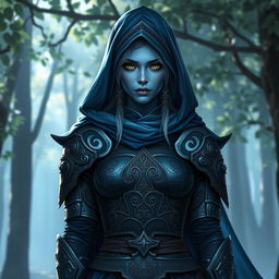 A female blue-skinned elf dressed in heavy, intricately designed armor, complemented by a flowing robe that envelops her figure