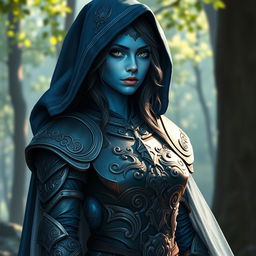 A female blue-skinned elf dressed in heavy, intricately designed armor, complemented by a flowing robe that envelops her figure
