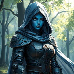 A female blue-skinned elf dressed in heavy, intricately designed armor, complemented by a flowing robe that envelops her figure