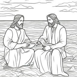 Colouring book page showing Jesus having a deep conversation with a fisherman by the sea, creating an opportunity for lots of detail and contrast