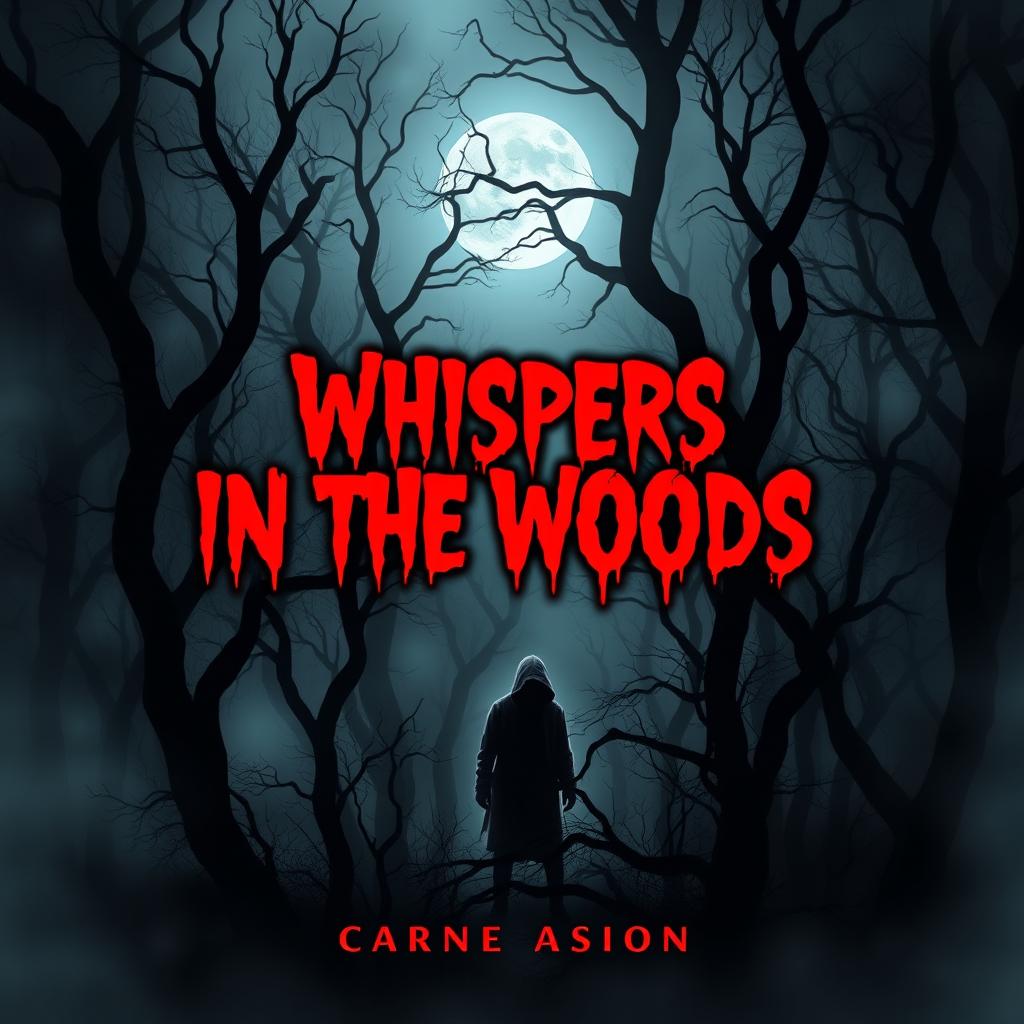 A chilling horror story book cover, featuring a dark, foggy forest with twisted trees and an eerie atmosphere